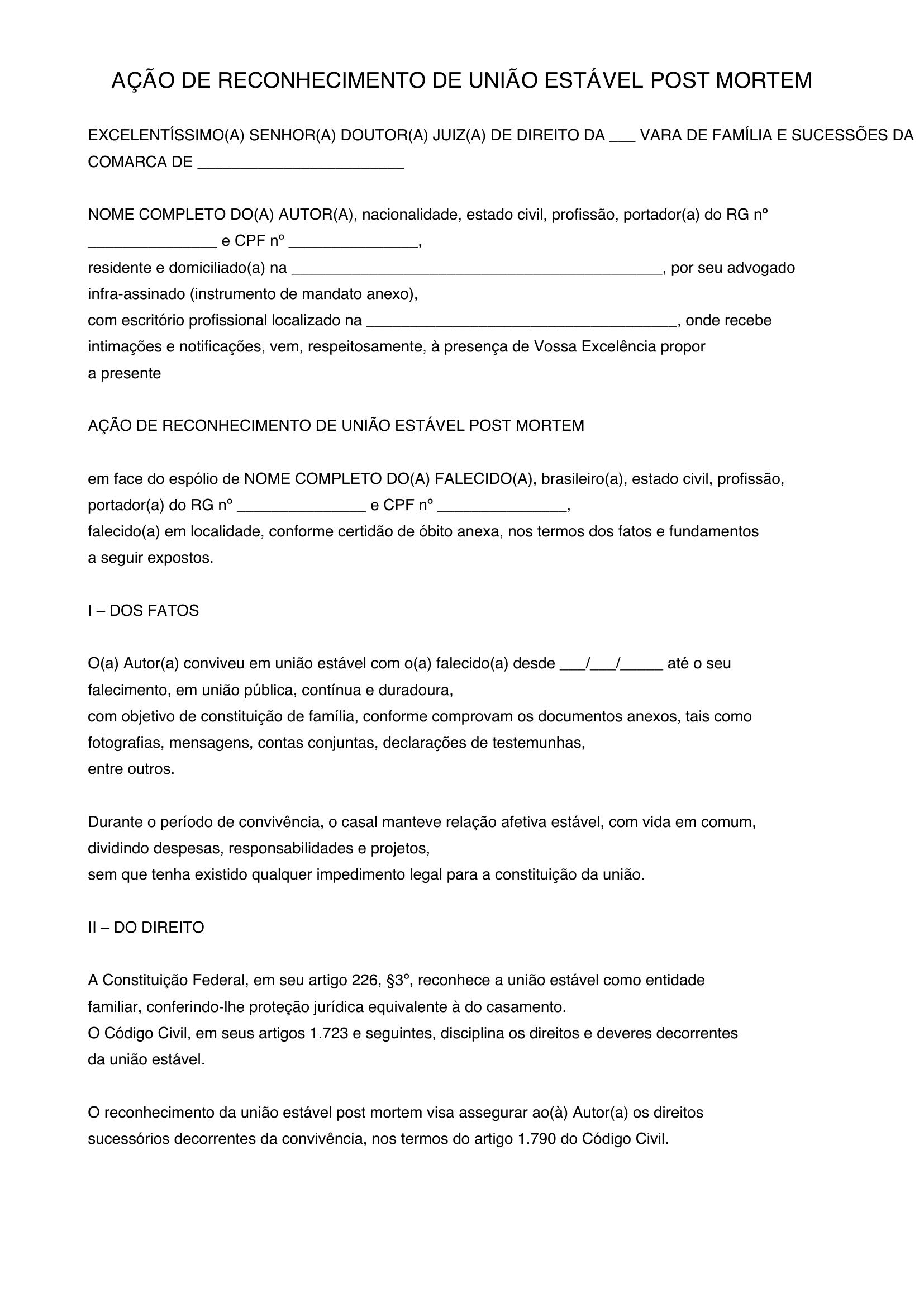 Modelo De Ação De Reconhecimento De União Estável Post Mortem
