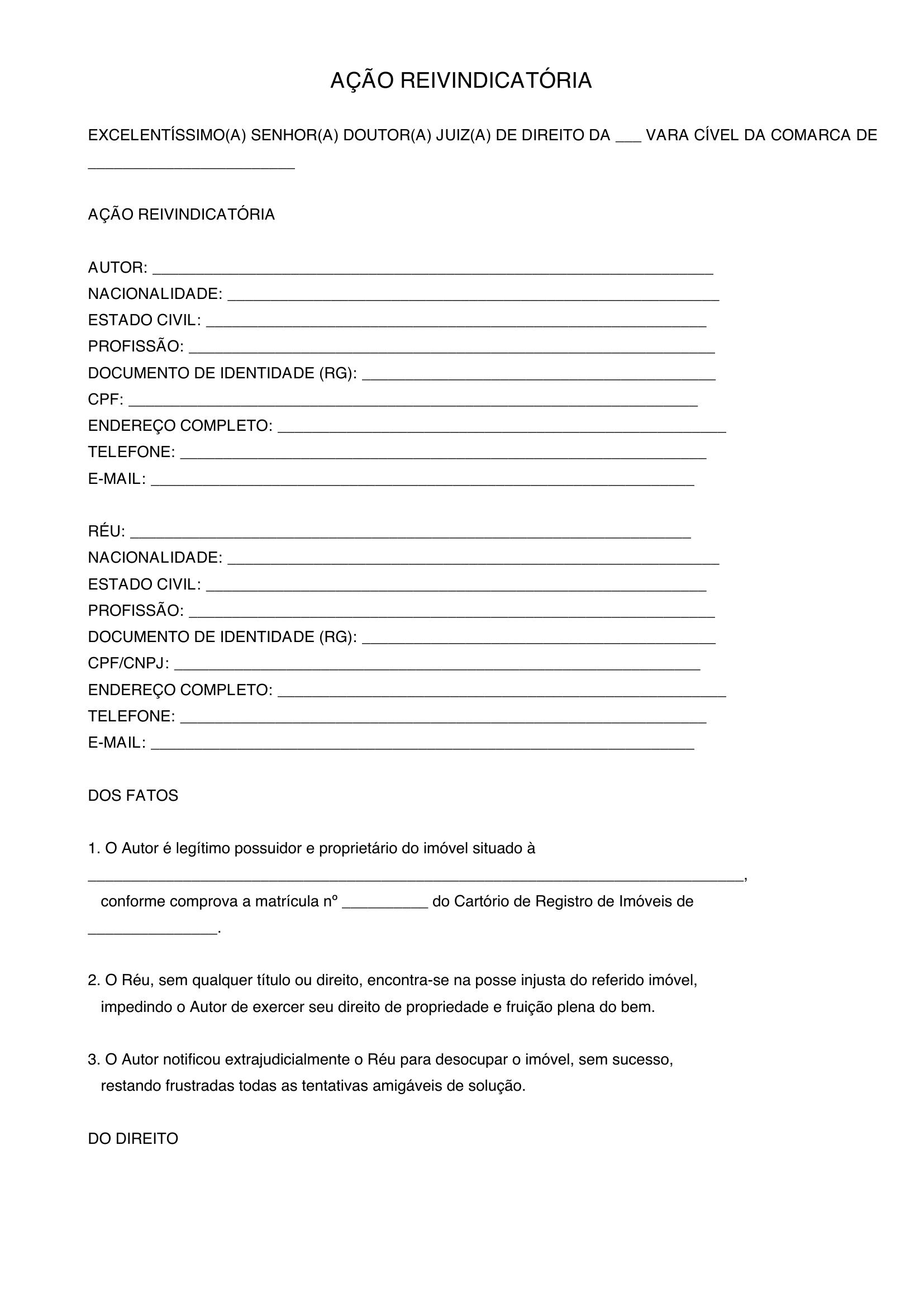 Ação Reivindicatória Modelo