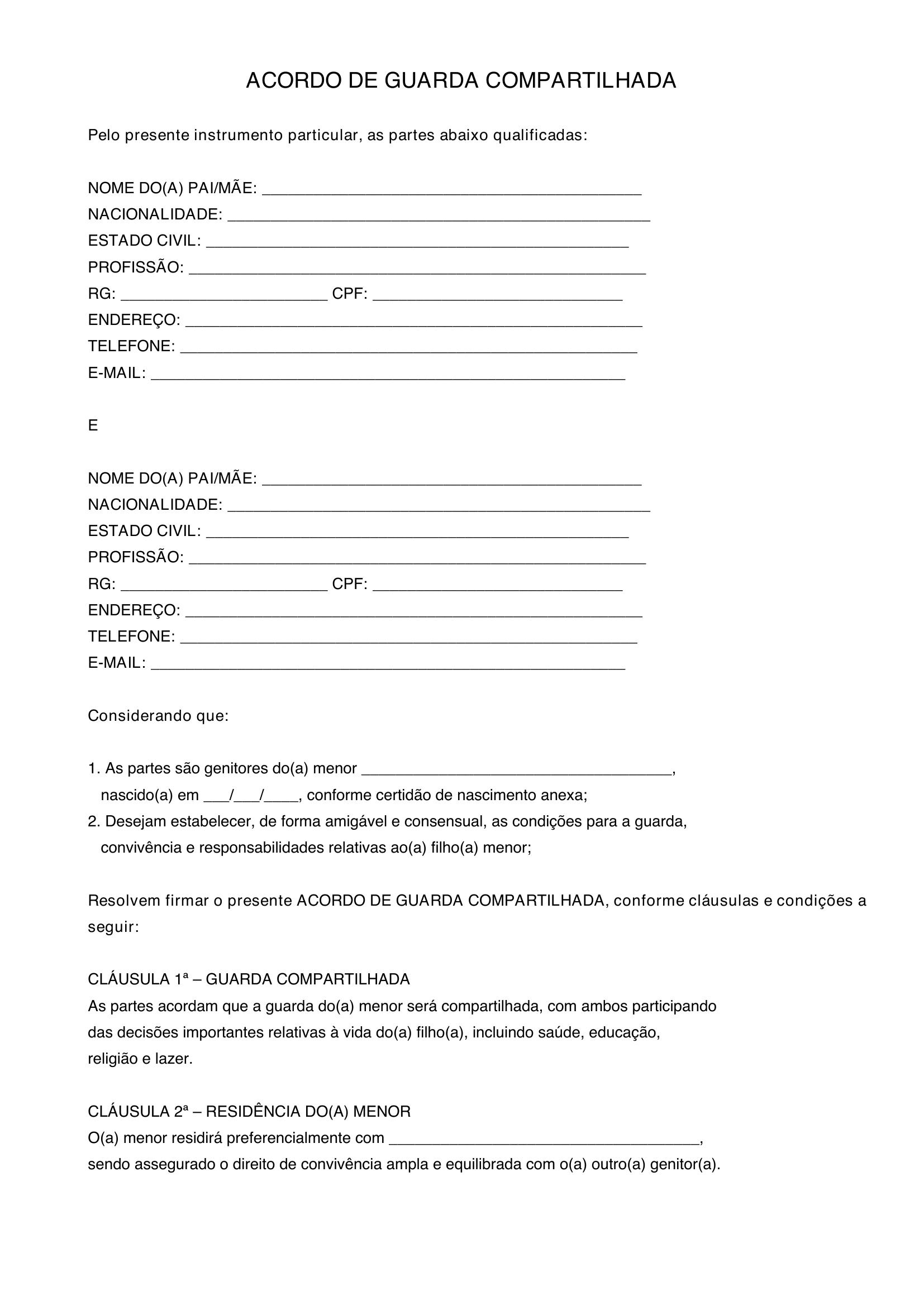Modelo De Acordo De Guarda Compartilhada