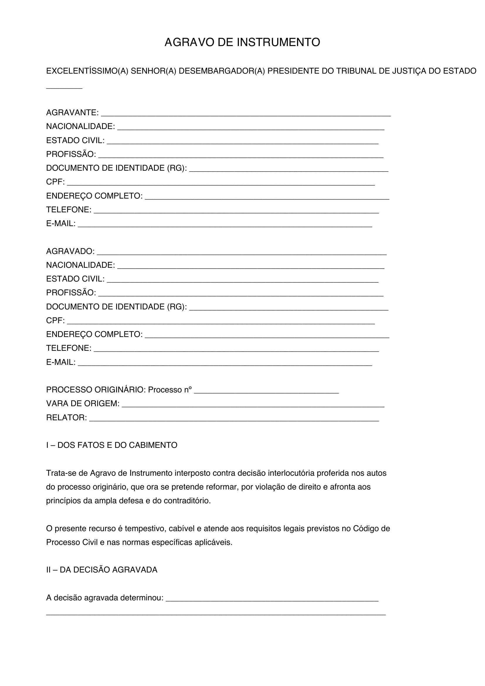 Modelo De Agravo De Instrumento