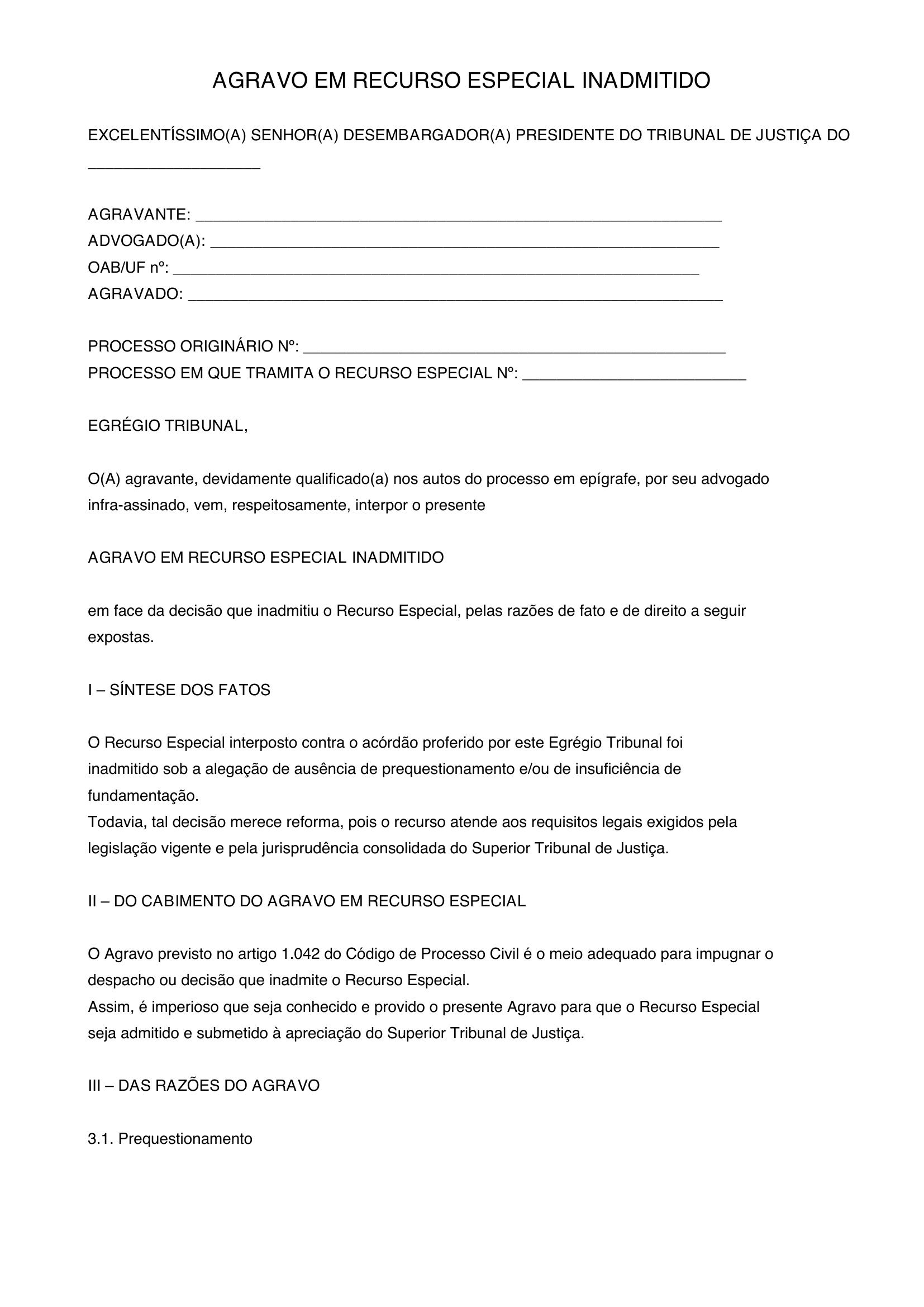 Modelo De Agravo Em Recurso Especial Inadmitido
