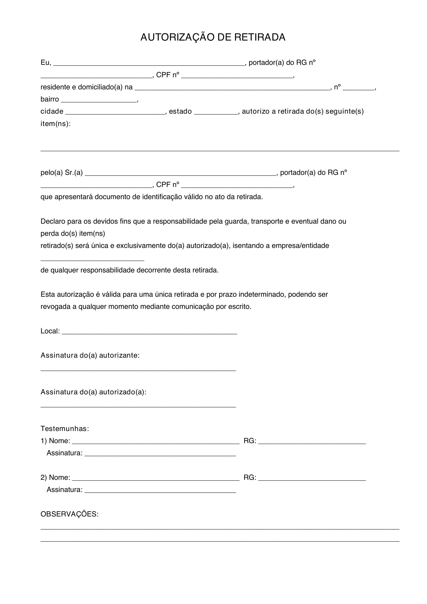 Modelo De Autorização De Retirada