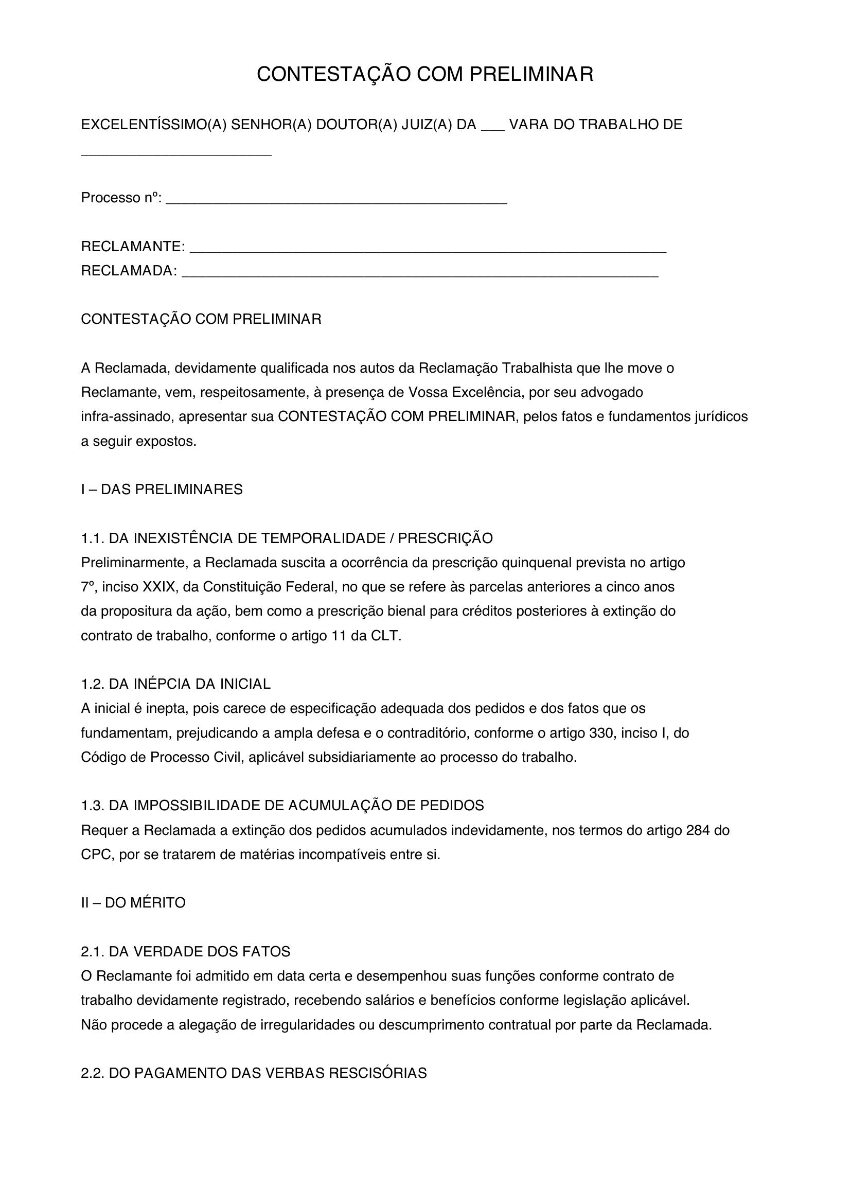 Modelo De Contestação Com Preliminar