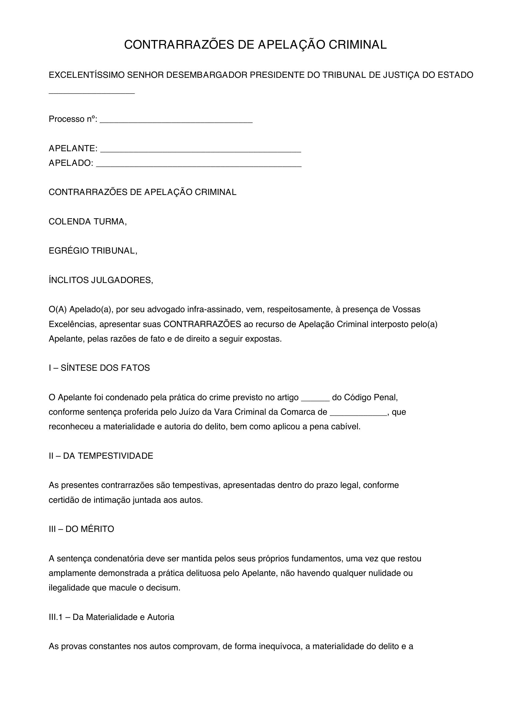 Modelo Contrarrazões Apelação Criminal