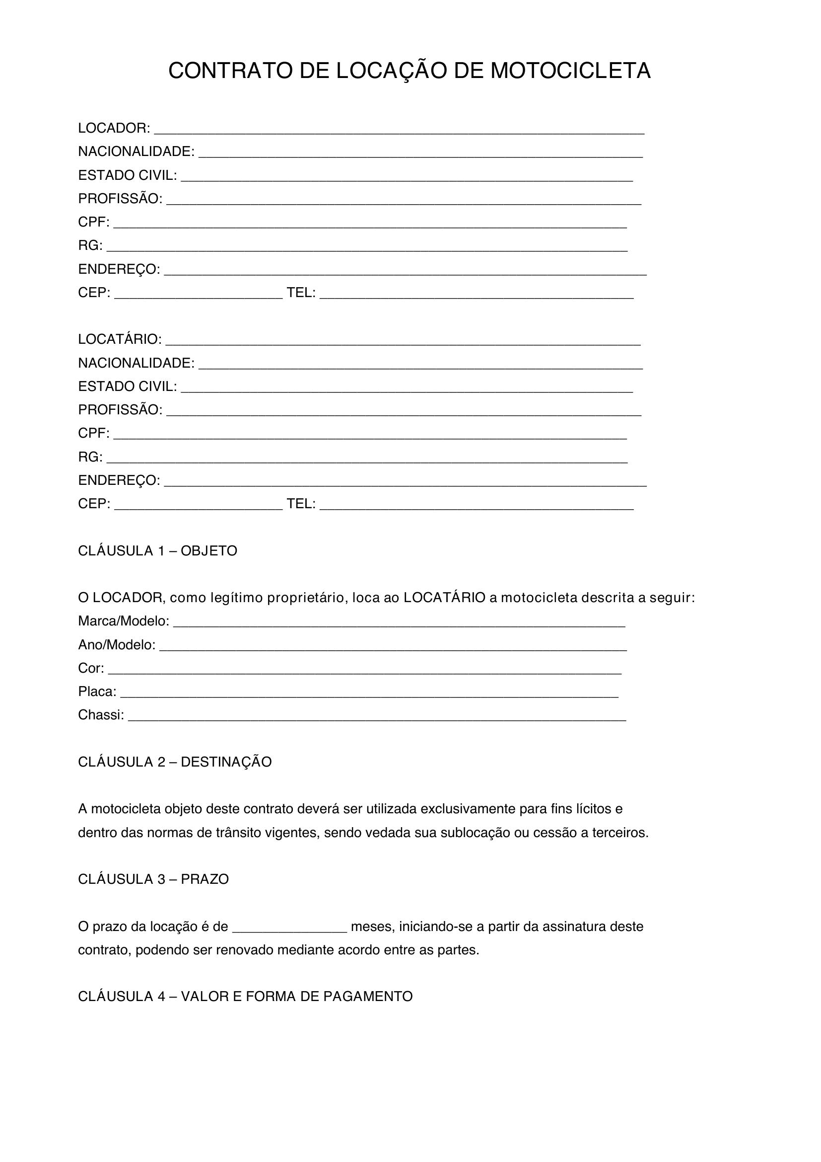 Modelo De Contrato De Aluguel De Moto