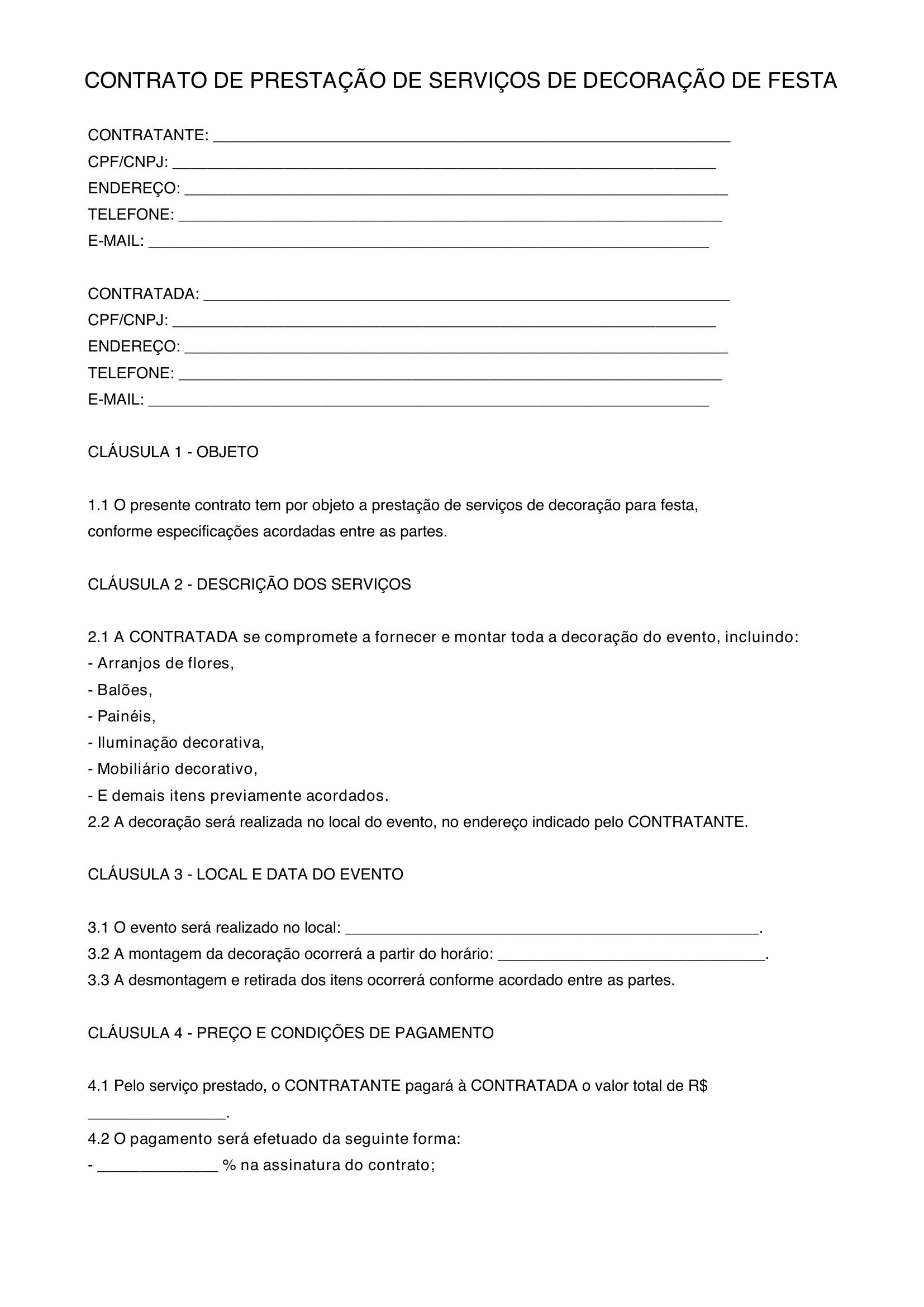 Modelo De Contrato De Decoração De Festa