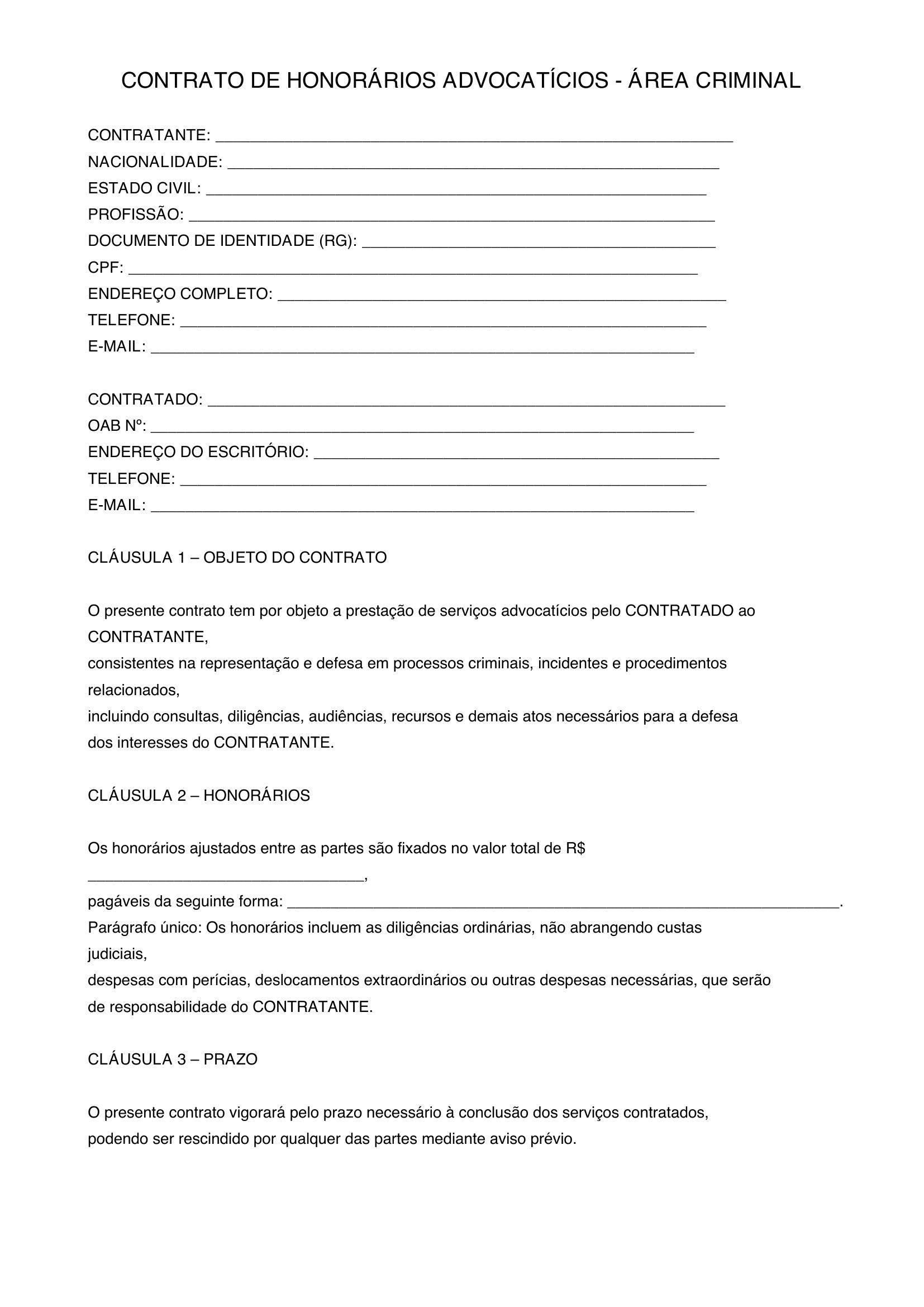 Modelo De Contrato De Honorários Criminal