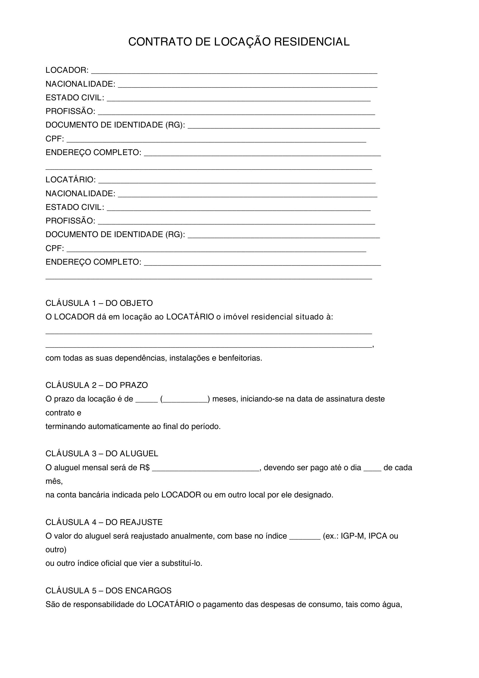 Modelo De Contrato De Locação Residencial