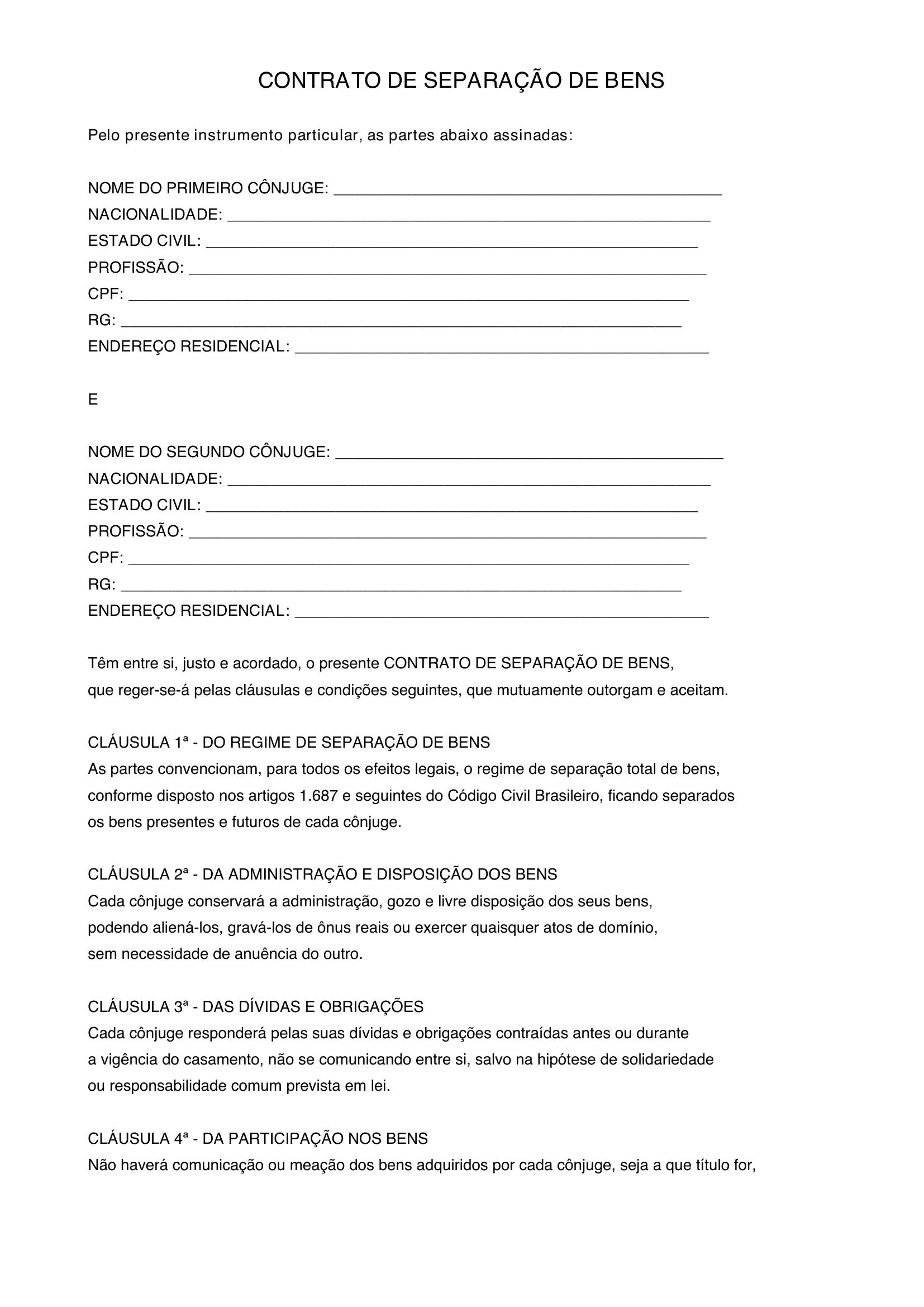Modelo De Contrato De Separação De Bens