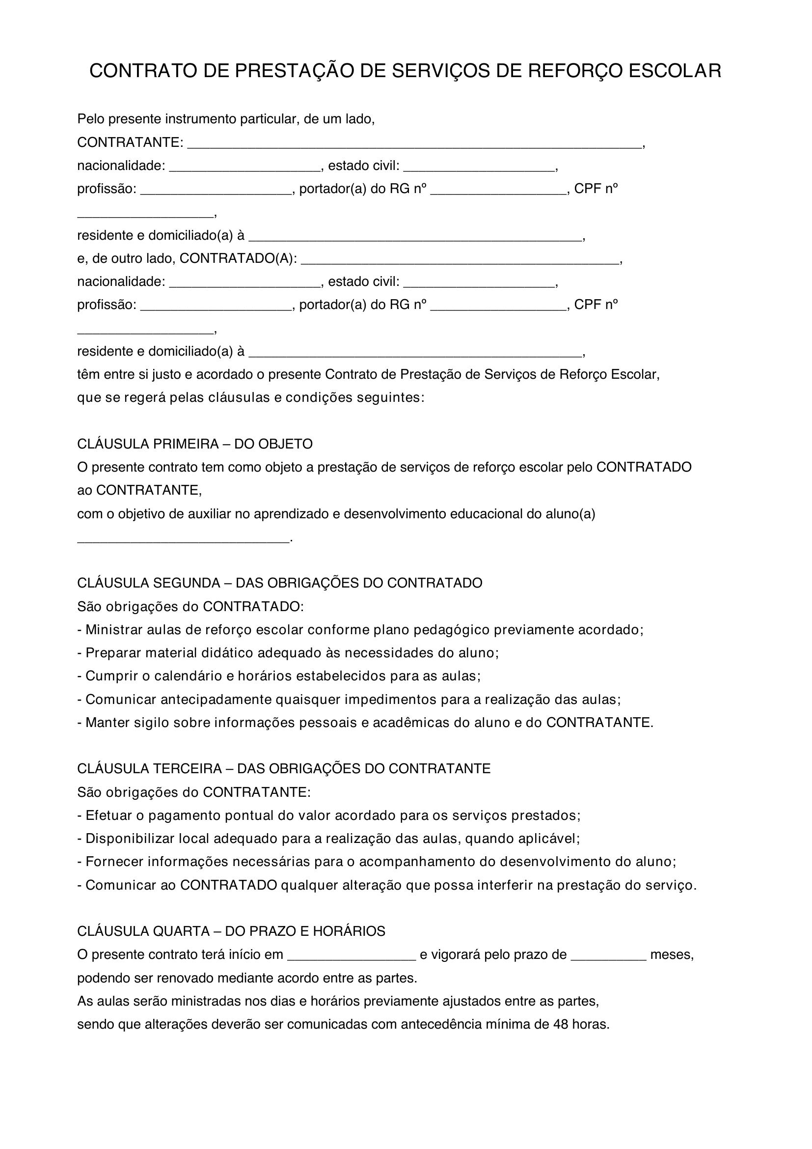 Modelo De Contrato Para Reforço Escolar
