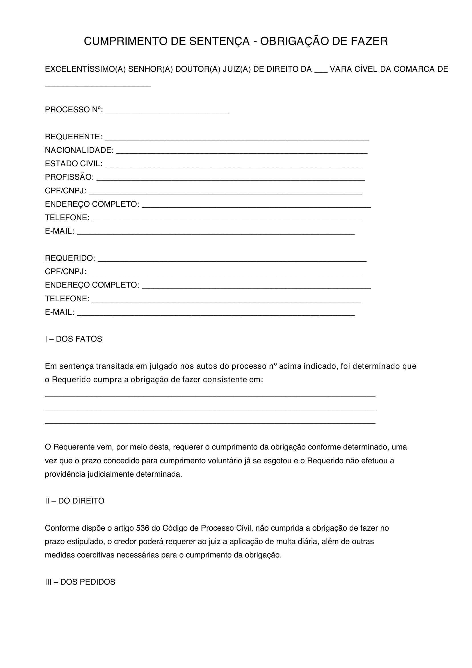 Modelo Cumprimento De Sentença Obrigação De Fazer