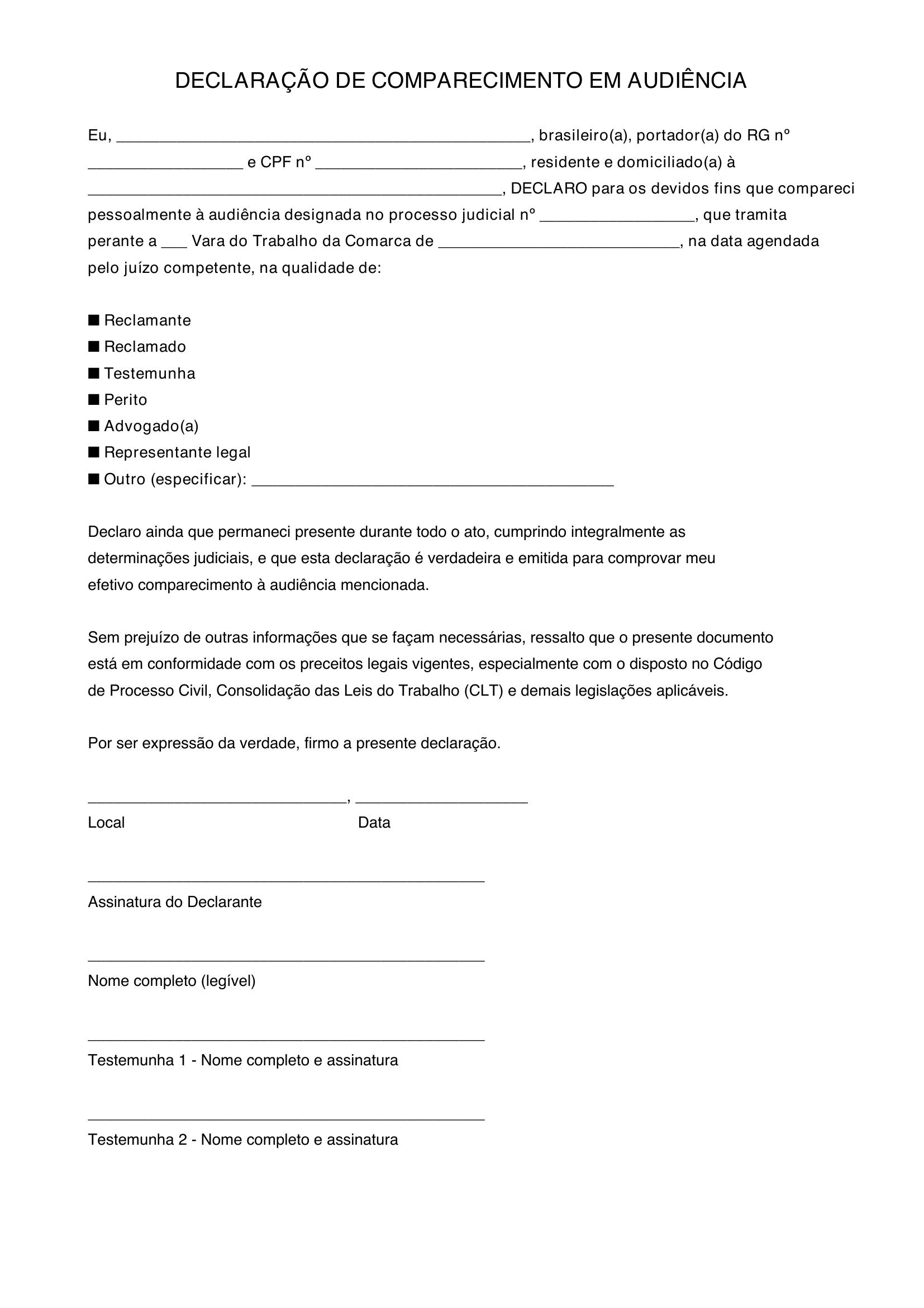Modelo De Declaração De Comparecimento Em Audiencia