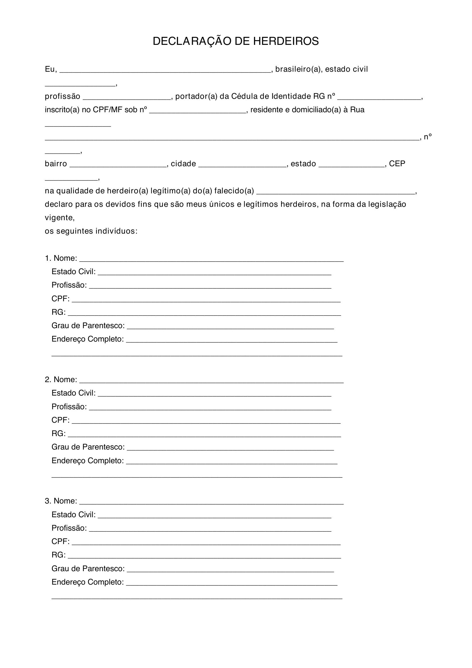 Modelo De Declaração De Herdeiros