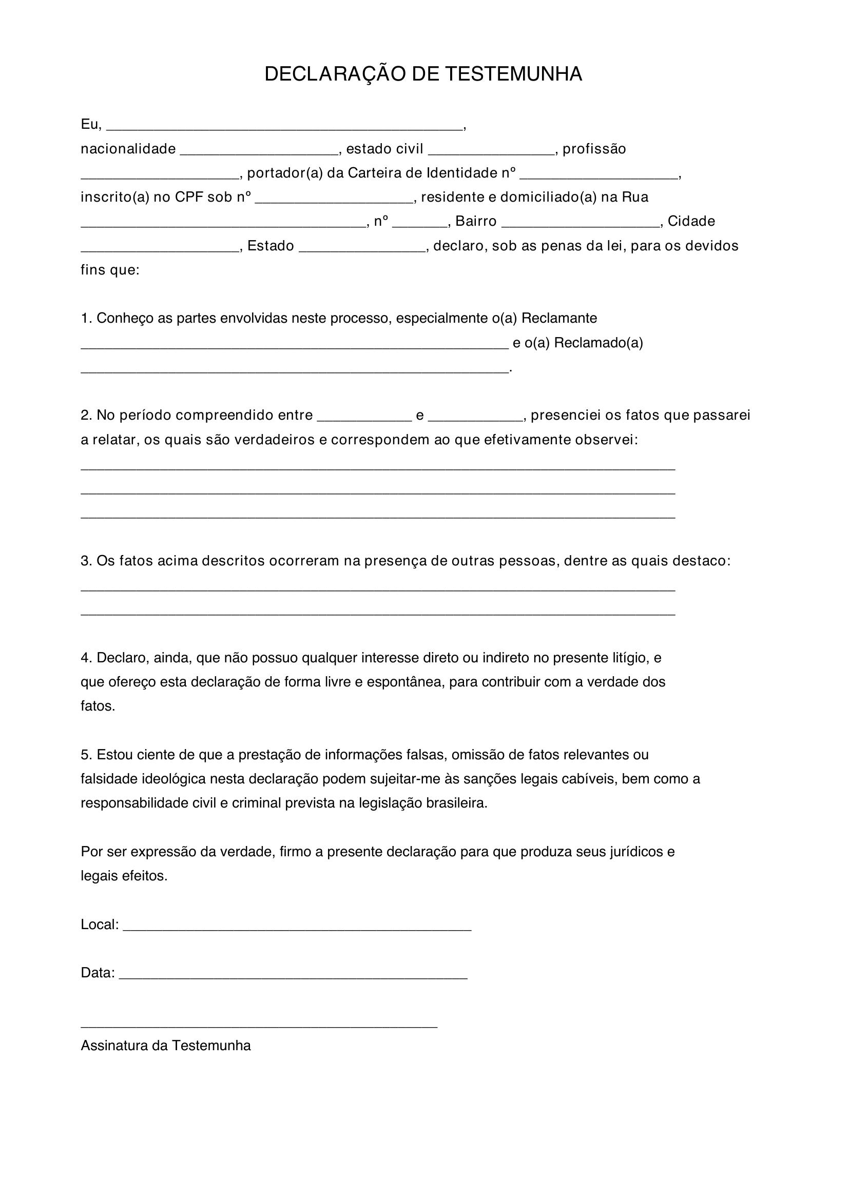 Modelo De Declaração De Testemunha