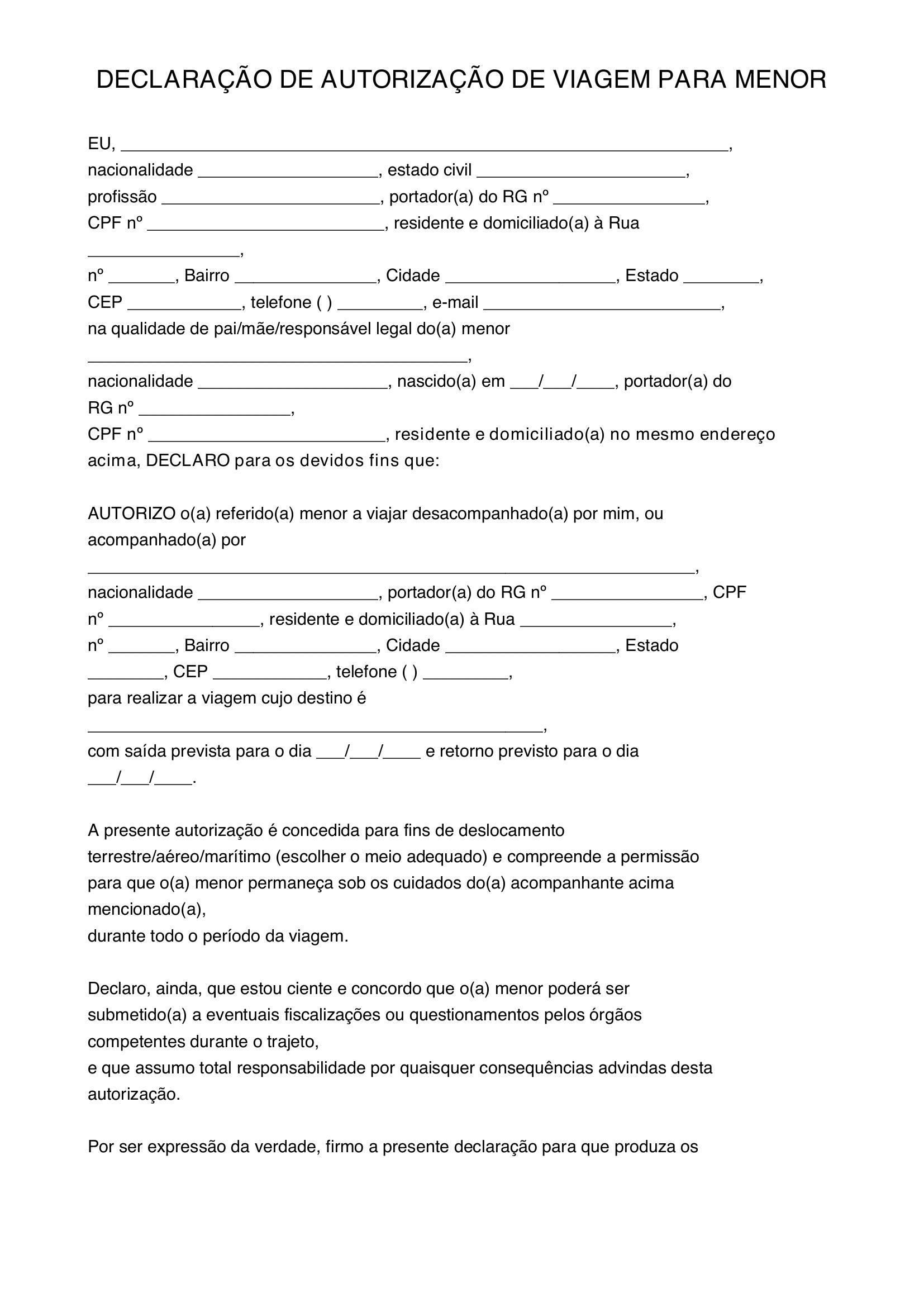 Modelo De Declaração De Viagem Para Menor