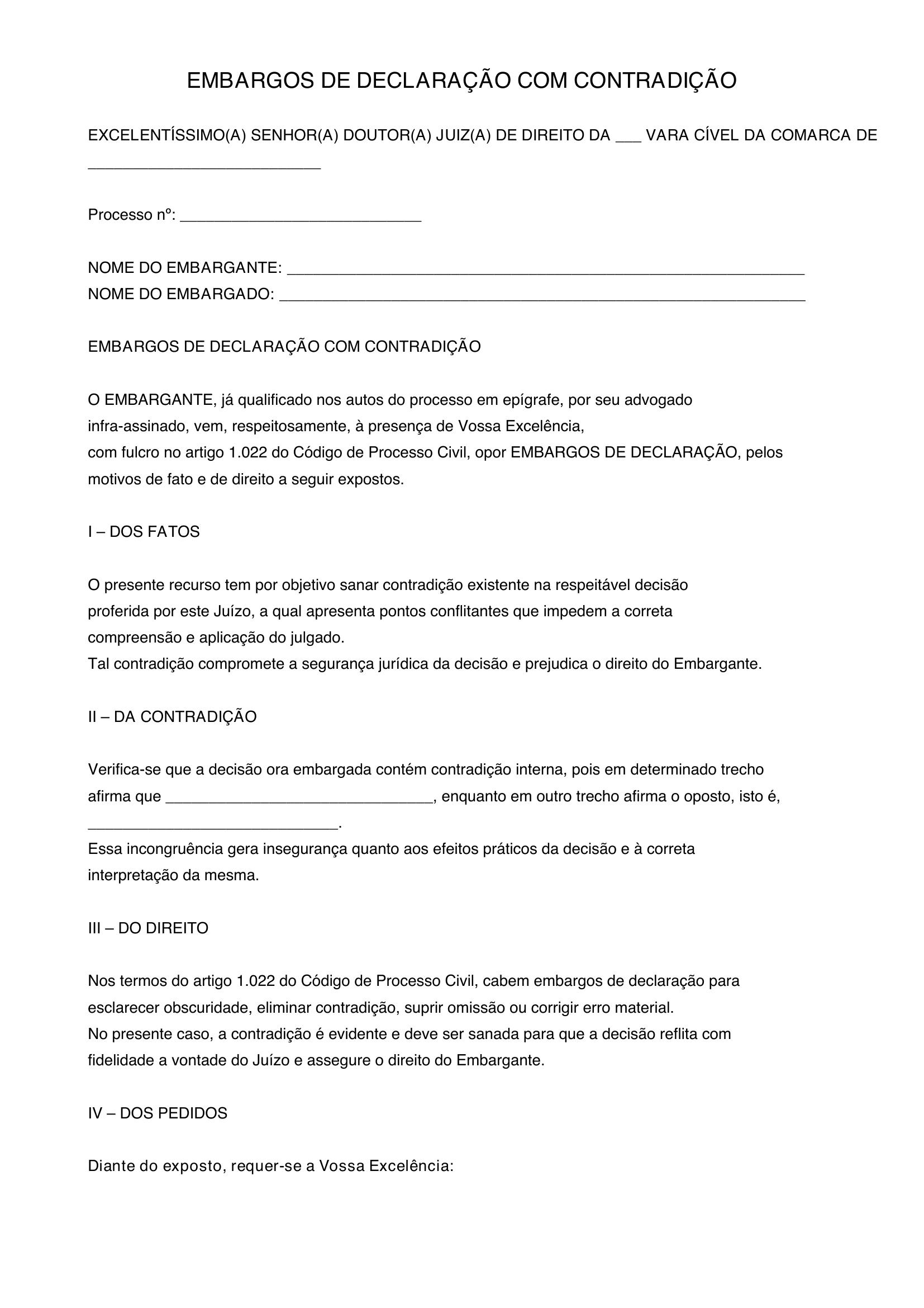 Modelo Embargos Declaração Contradição