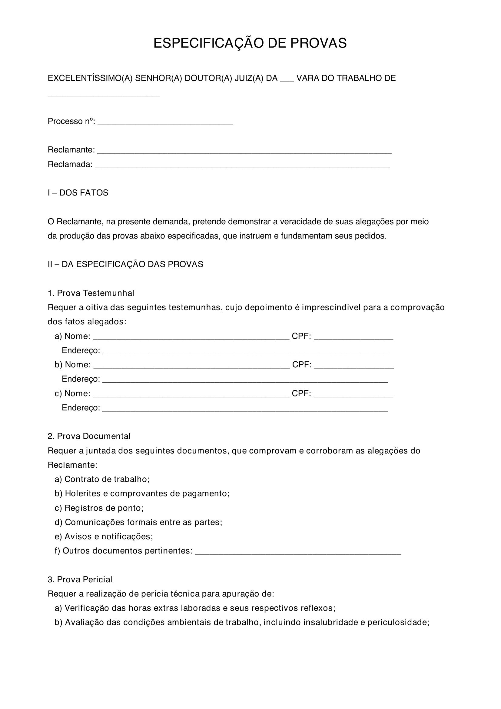 Modelo De Especificação De Provas