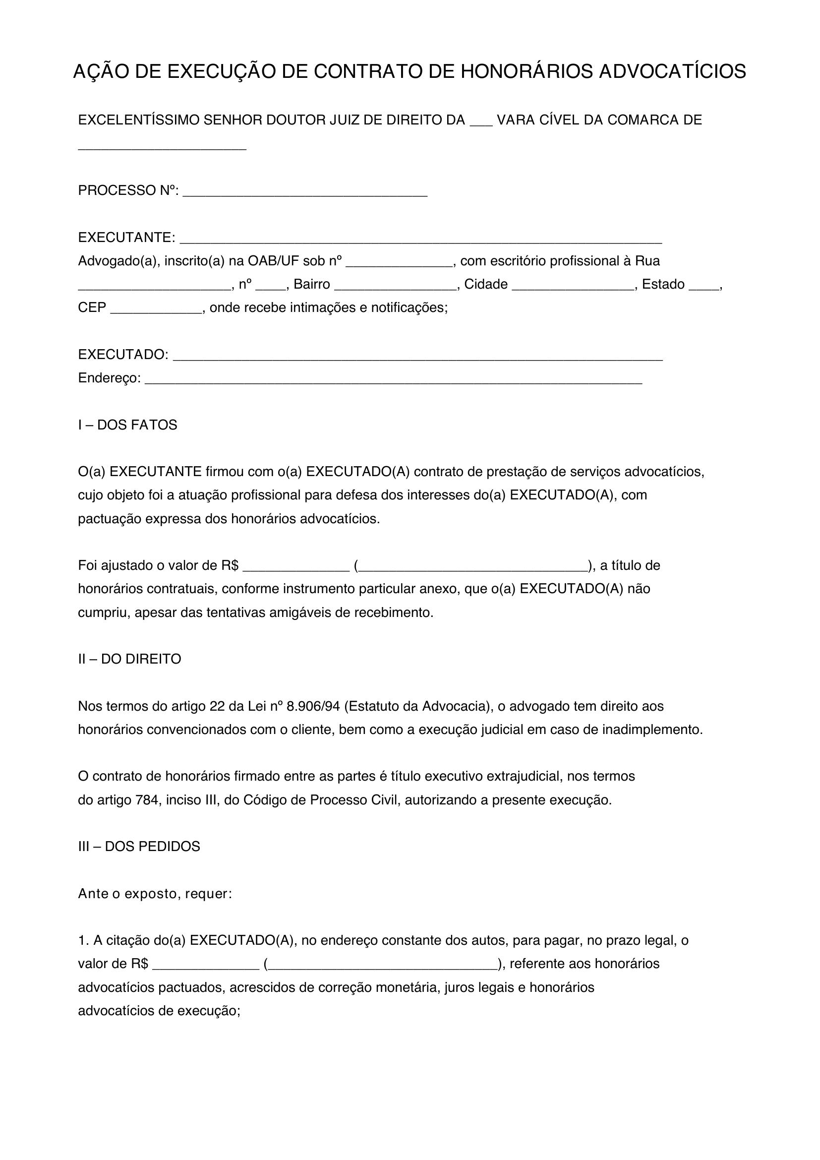 Modelo De Execução De Contrato De Honorários