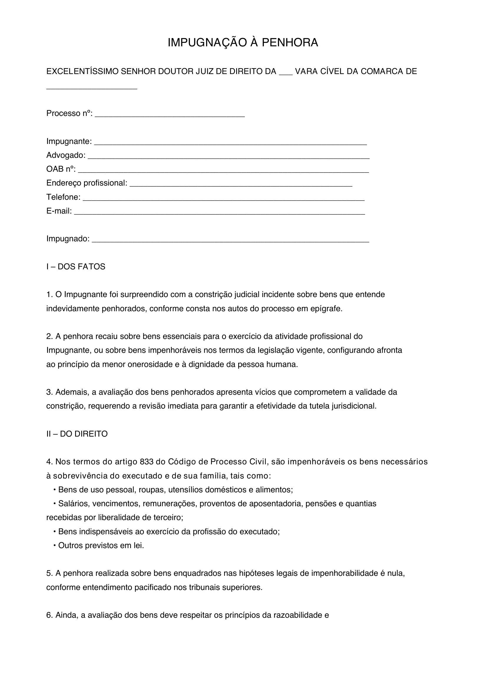Modelo De Impugnação A Penhora