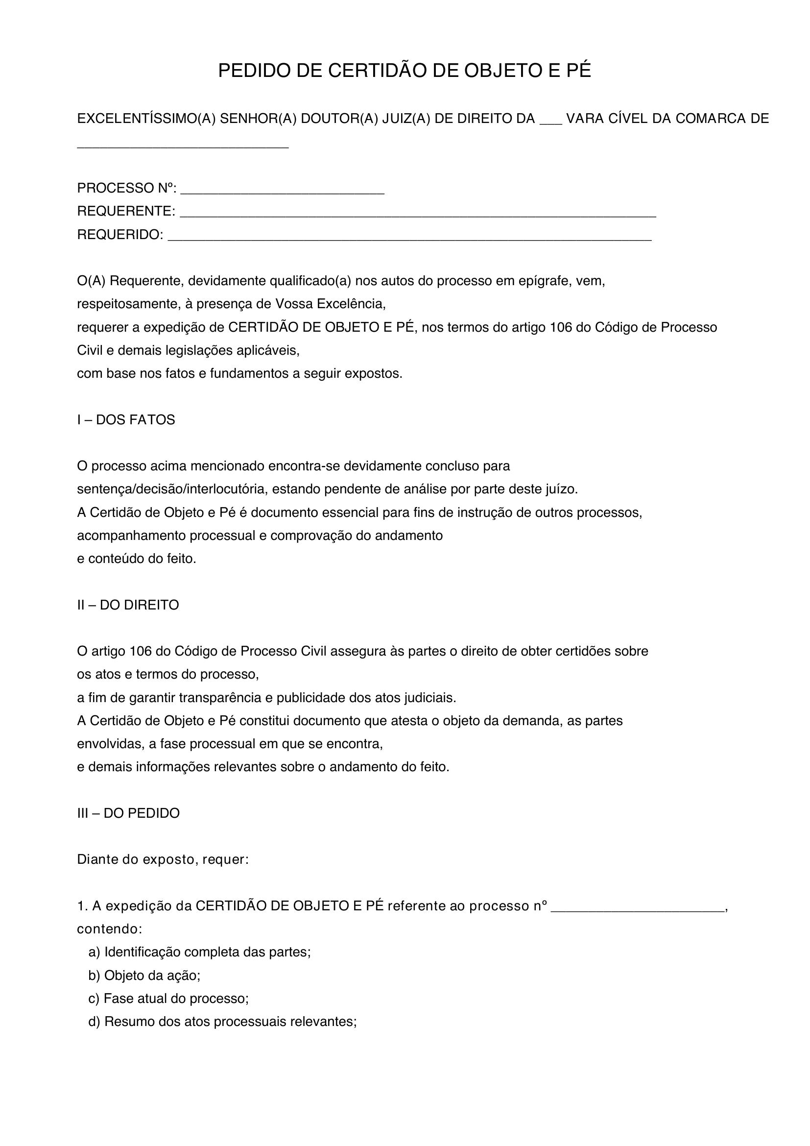 Modelo De Pedido De Certidão De Objeto E Pé