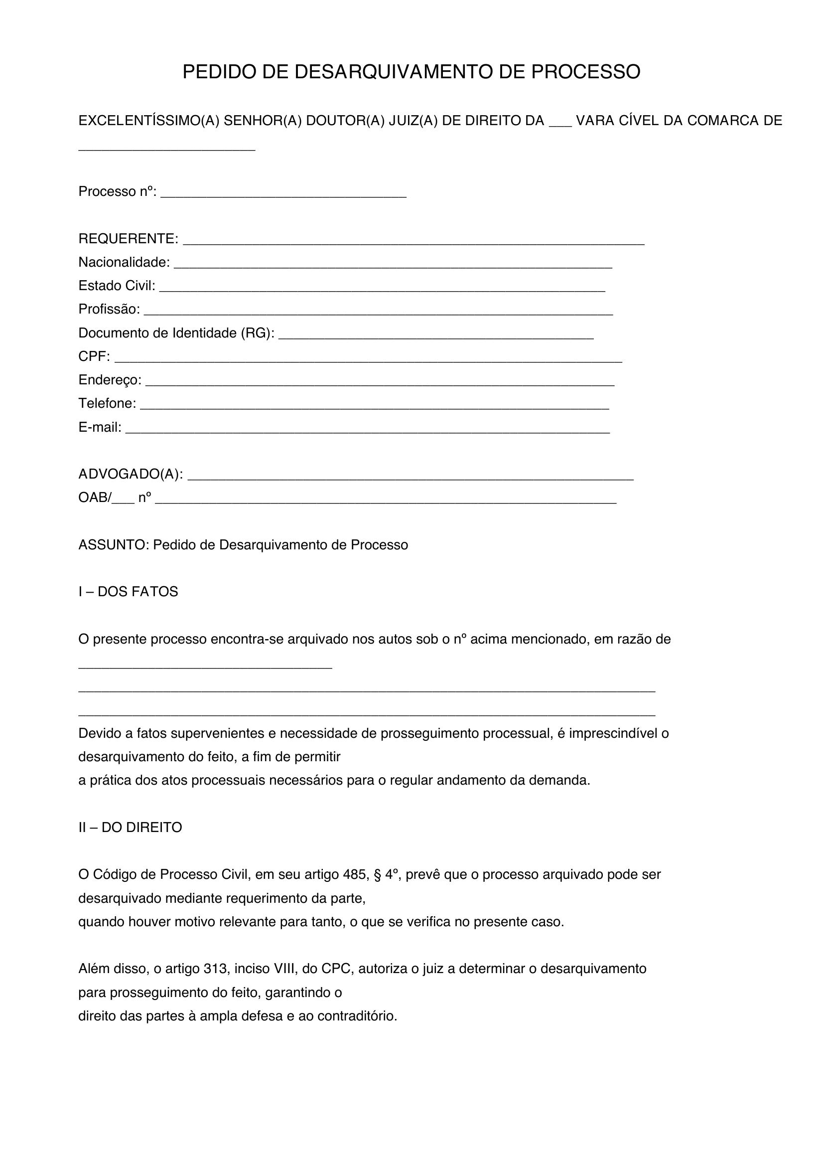 Modelo De Pedido De Desarquivamento De Processo