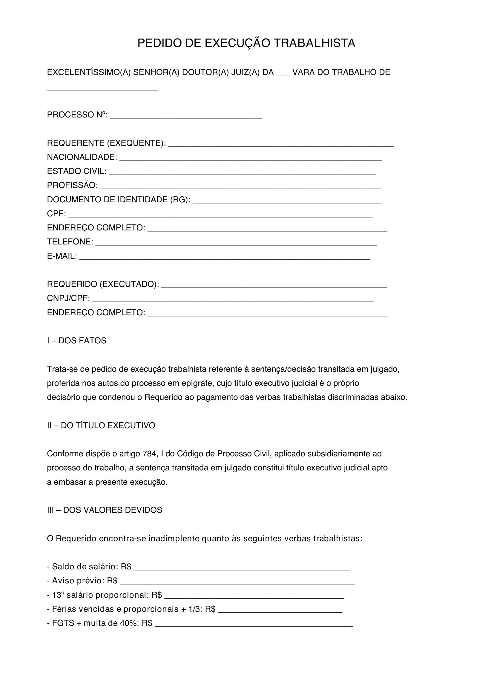 Modelo De Pedido De Execução Trabalhista