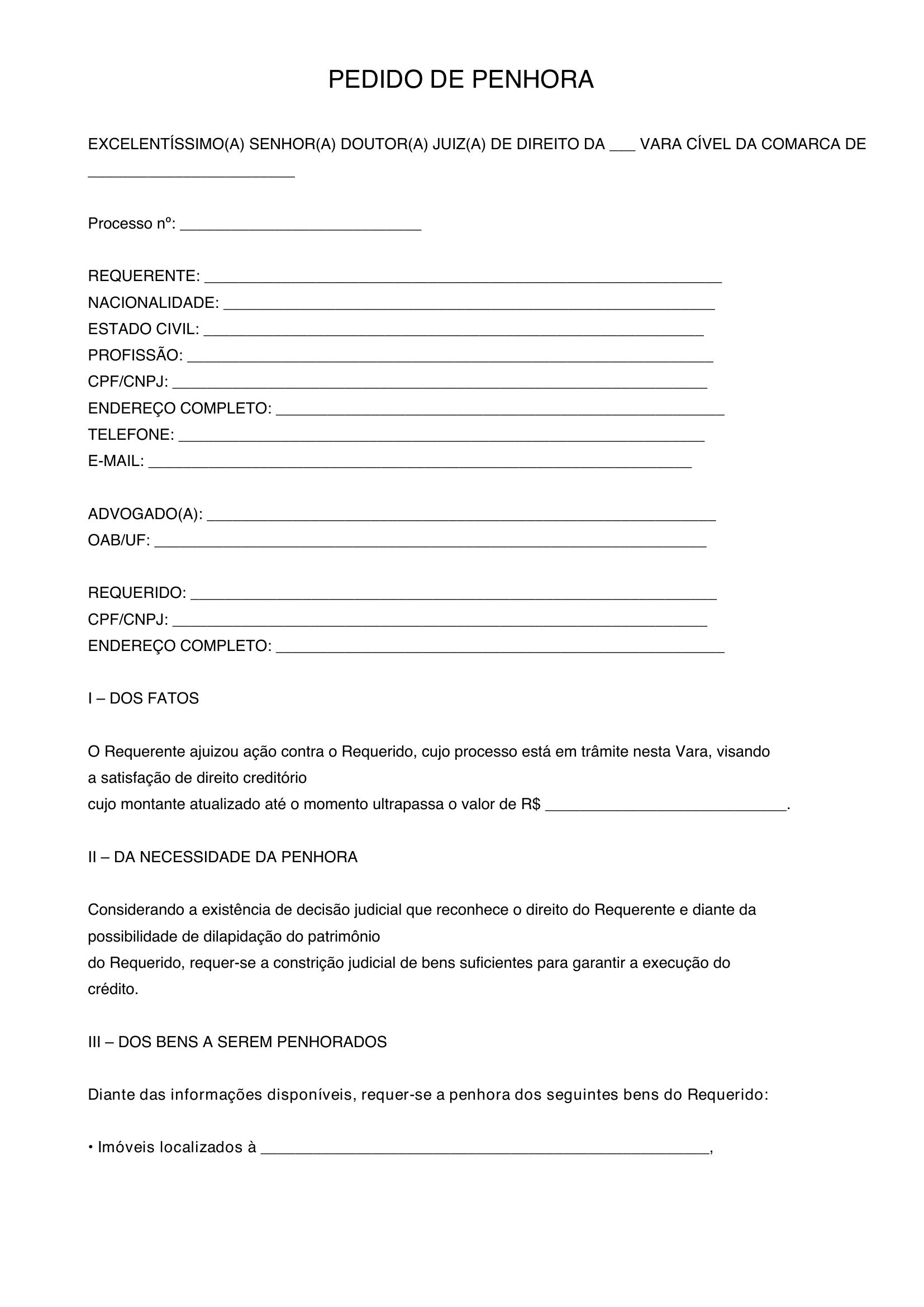 Modelo Pedido De Penhora