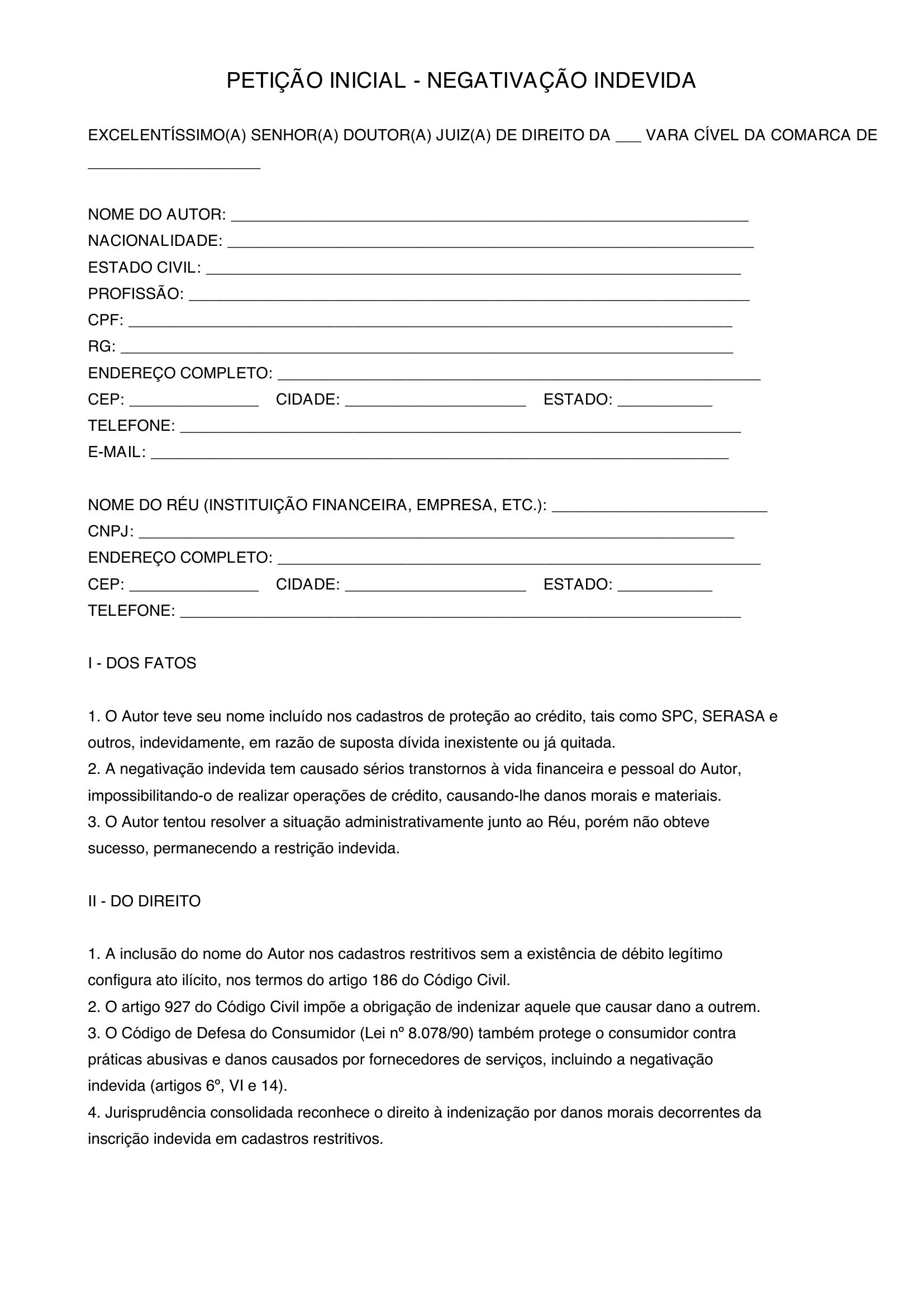 Modelo Petição Negativação Indevida