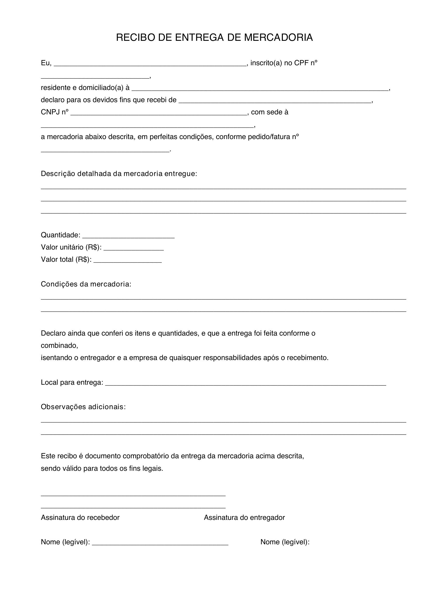 Modelo De Recibo De Entrega De Mercadoria