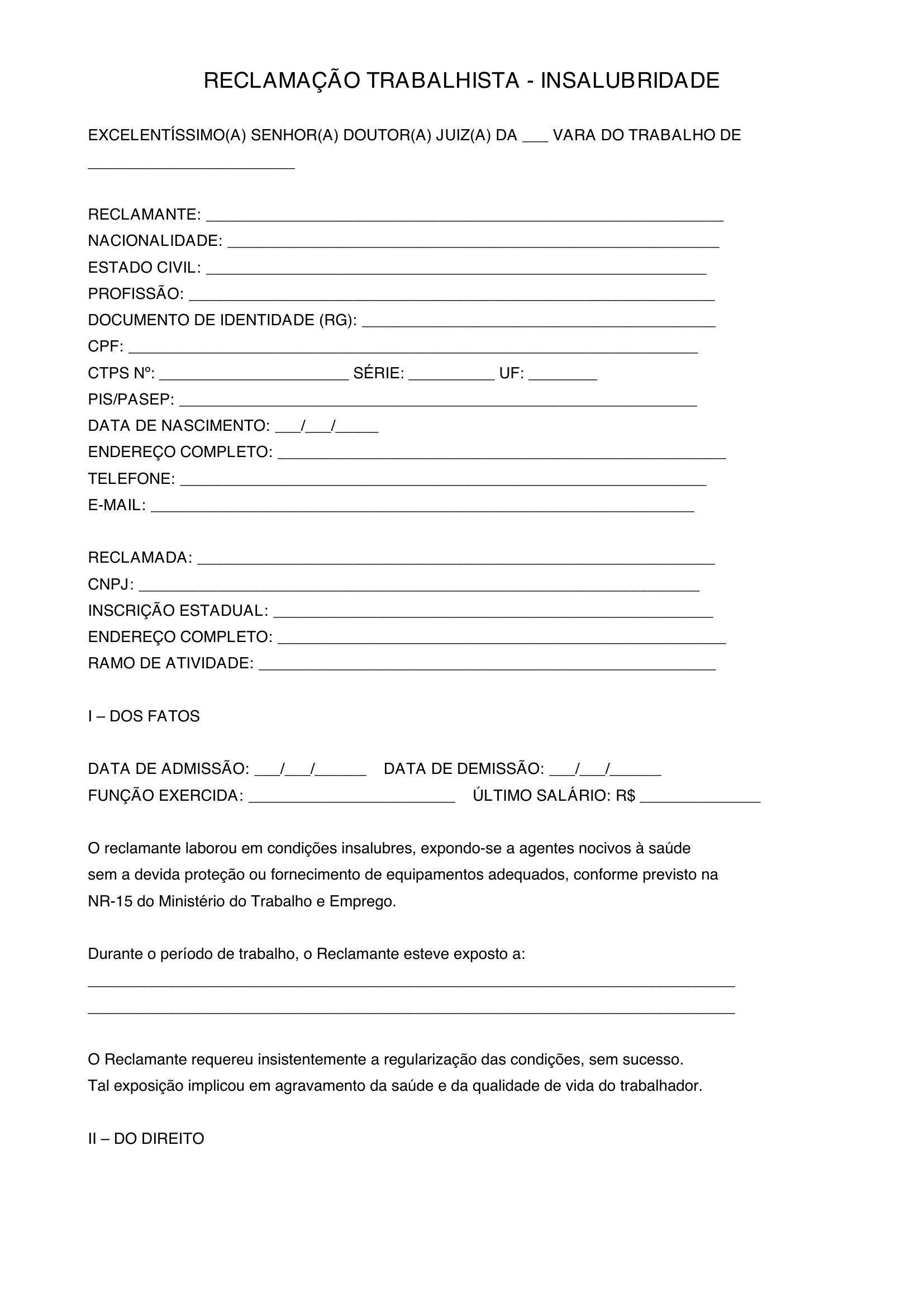 Modelo Reclamação Trabalhista Insalubridade
