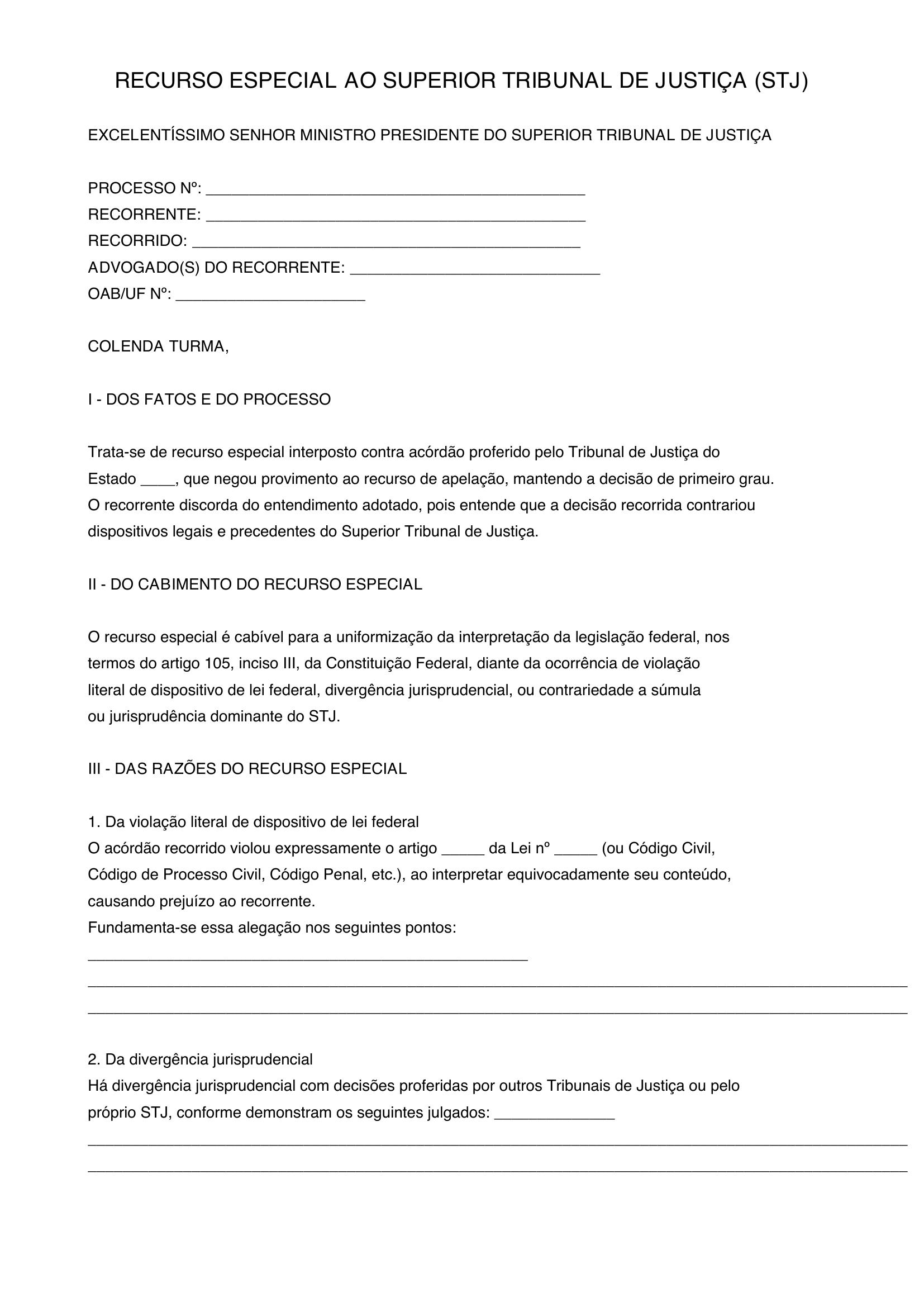Modelo De Recurso Especial Ao Stj