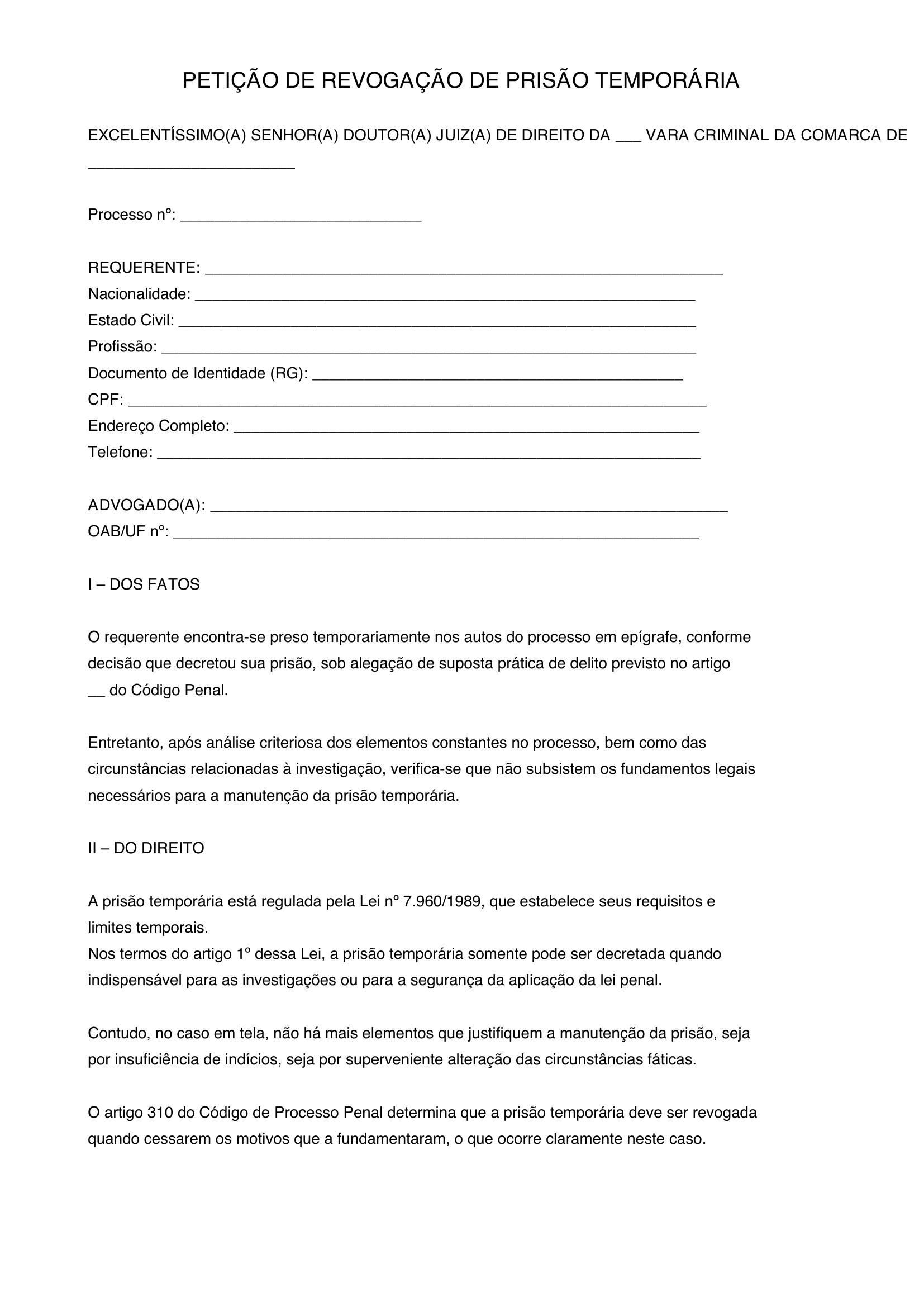 Modelo De Revogação De Prisão Temporária