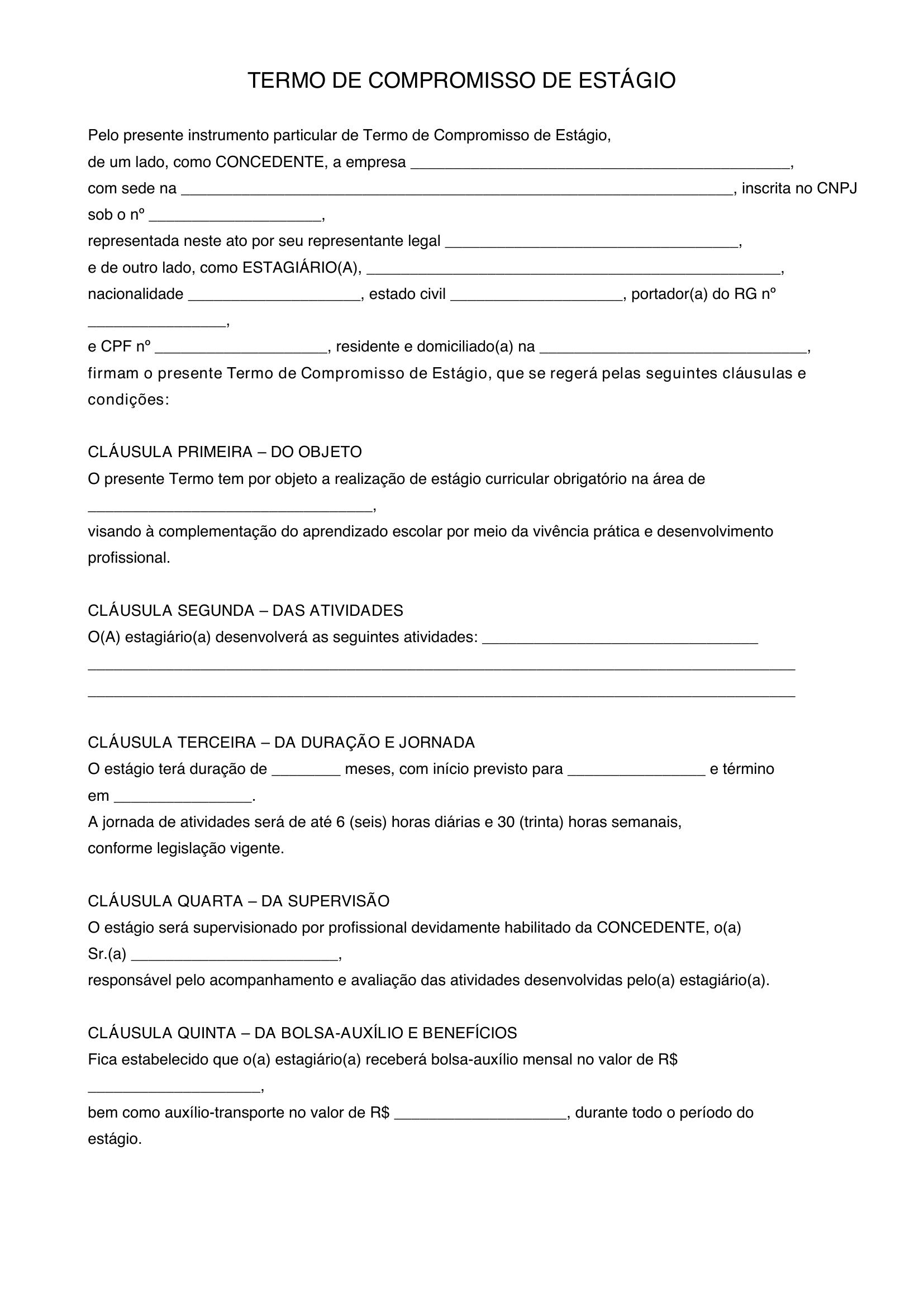 Termo De Compromisso De Estágio Modelo